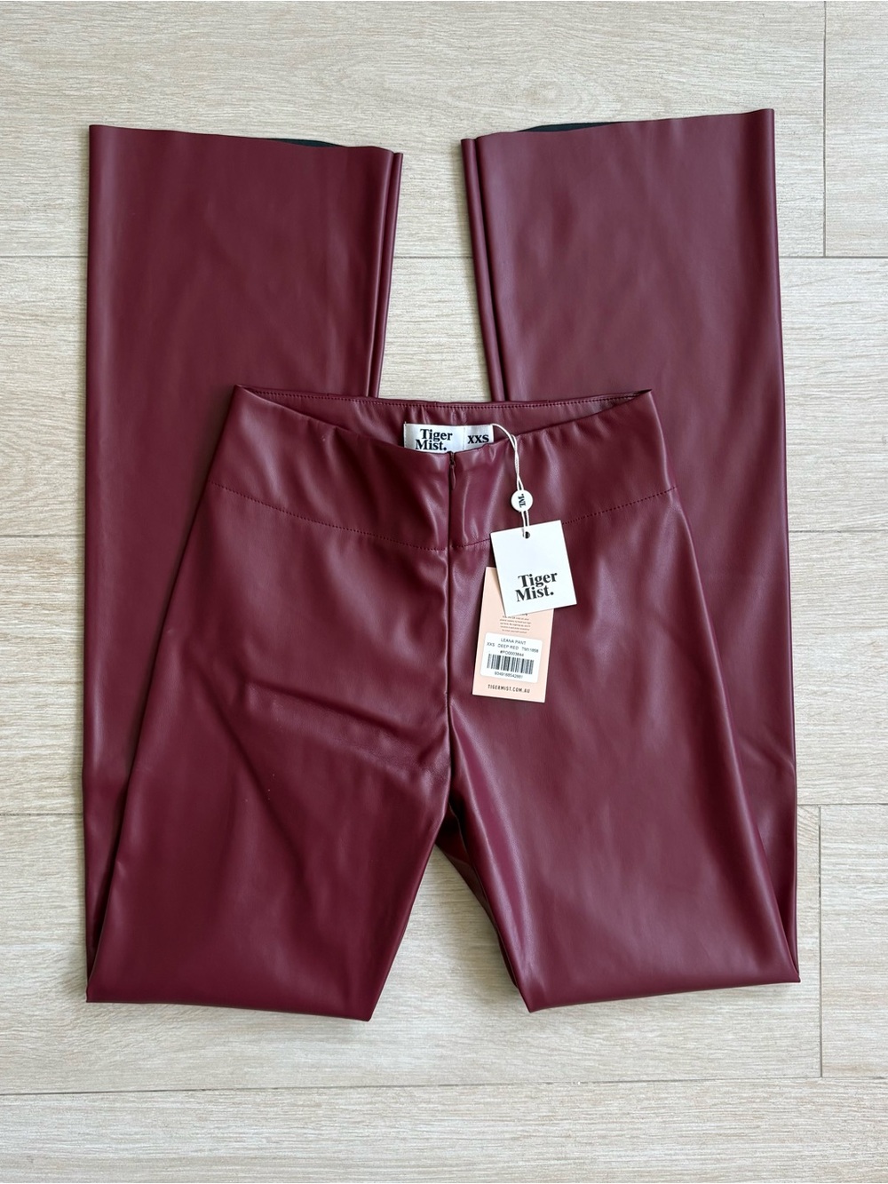 Tiger Mist Burgundy Faux Leather Flare Pants